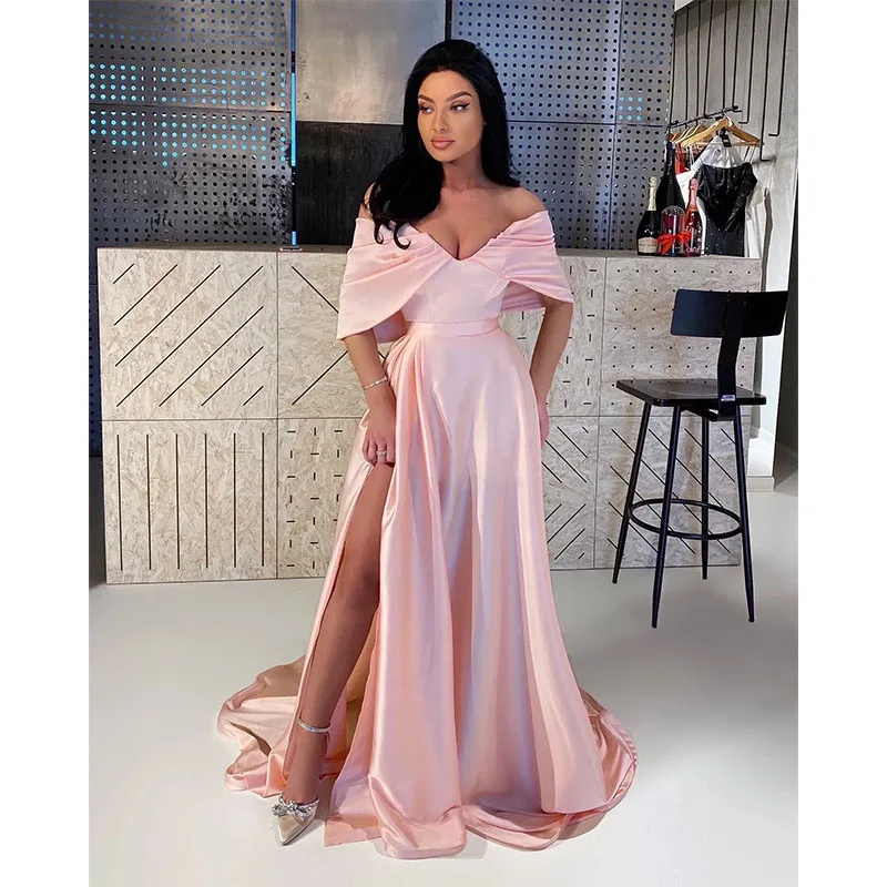 

Sexy Pink A Line Prom Dresses Off Shoulder Evening Gowns Ruched Slit Formal Long Special Occasions Party Dress