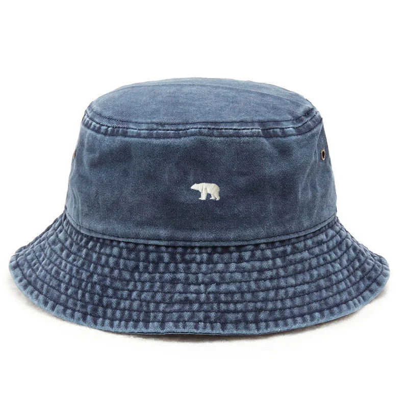 Personalisierbarer Eisbär-Stickerei-Bucket-Hat aus gewaschener Baumwolle für Herren und Damen – Vintage Sonnenschutz, verstellbare Outdoor-Strandkappe