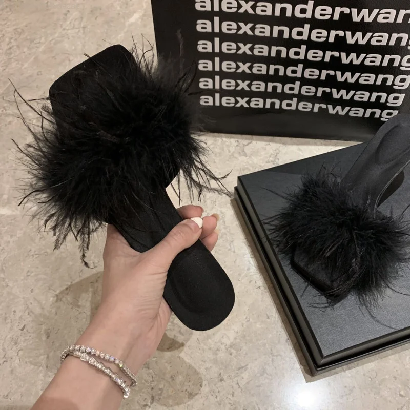 Korean Oversized Plush Sandals Sexy Black Feather Shoes for Women Elegant Versatile Peep-toe High-heeled Shoes New 2023 Spring