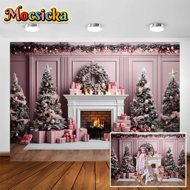 

Pink Tone Christmas Backdrop for Photography White Fireplace Xmas Tree Wreath Gift Box Girl Portrait Photo Background Studio