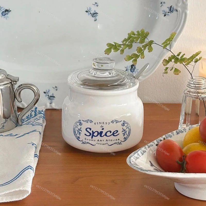 Sugar Pepper and Salt Bowls with Lid and Spoon Flora Vintage Ceramics Condiment Pots,Seasoning Jar Spice Container for Kitchen