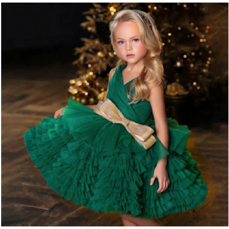 

Green Flower Girl Dress For Wedding Sleeveless Ruffles Tulle Puffy Knee Length Kids Birthday Party First Communion Ball Gowns