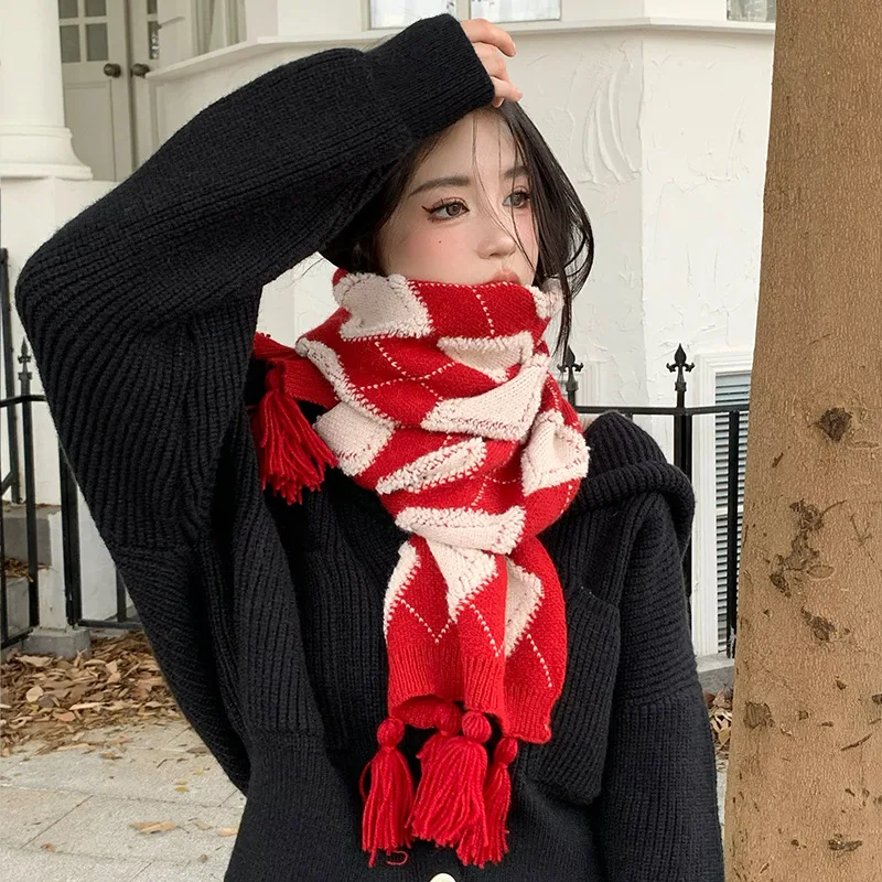 

Fashionable, casual, versatile, warm scarf, simple tassel diamond plaid print, comfortable, breathable, cold-proof scarf