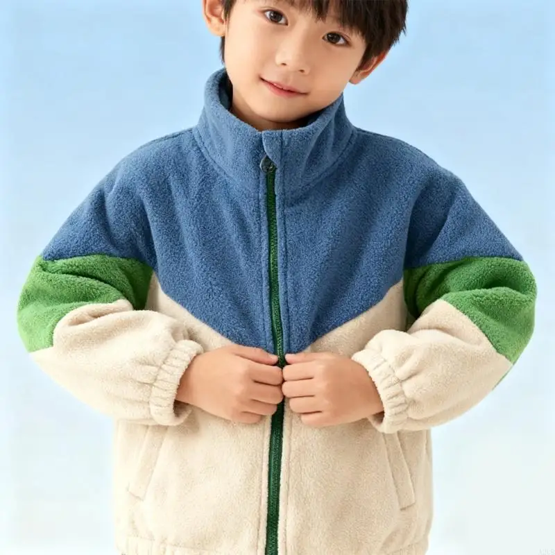 

Kids Color Contrast Fleece Coat Boys Casual Top with Multiple Pockets Daily Comfort Outdoor Clothing A2UB