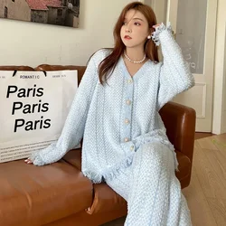 Winter Ins Sweet Tassel Cardigan Set Sleepwear Women's Winter Thick Warm Knitted Home Clothes Two Piece Set Light Blue