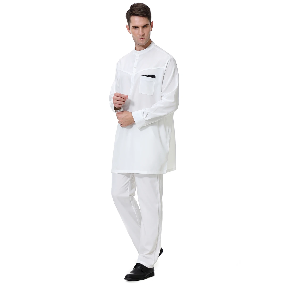 2 PCS Muslim Men Long Sleeves Chinese Collar Packet Color Contrast Robe Long Pants  Arab Male Thobe Ramadan Eid Clothes