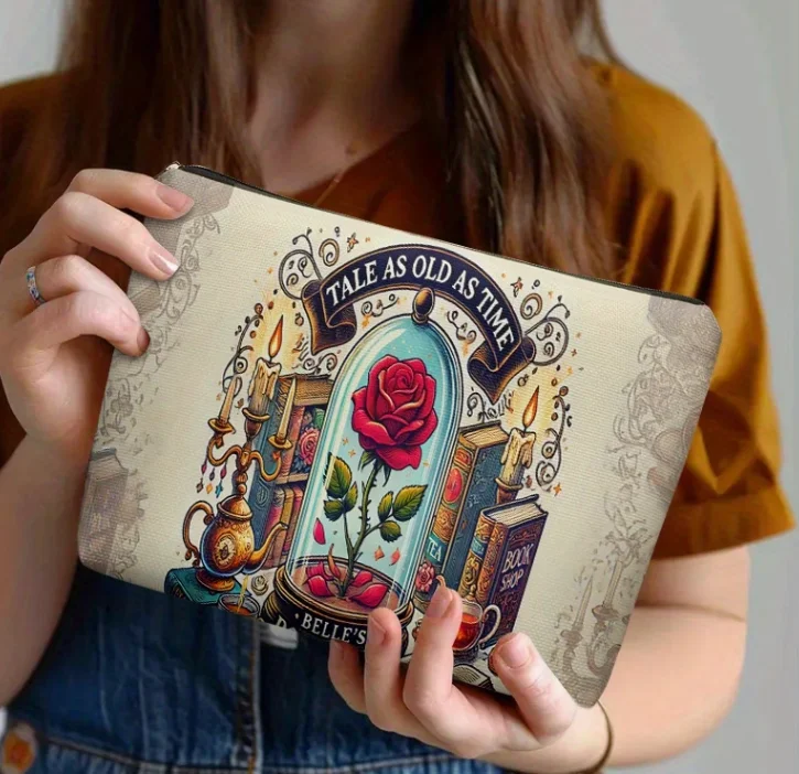 Cosmetic Bag Belle Bookshop and Rose Lightweight Zipper Design Toiletry Bag Travel Multifunctional Storage Bag for Stationery