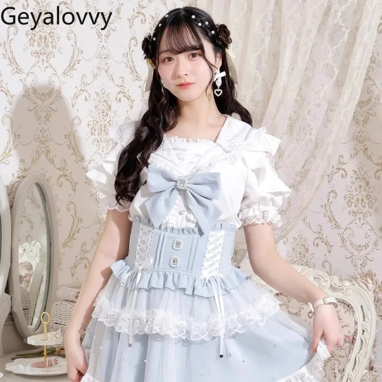 일본 여름 로리타 새로운 광산 다목적 레이스 보우 귀여운 소녀 탑 스위트 네이비 칼라 반팔 셔츠 Camisa Feminina