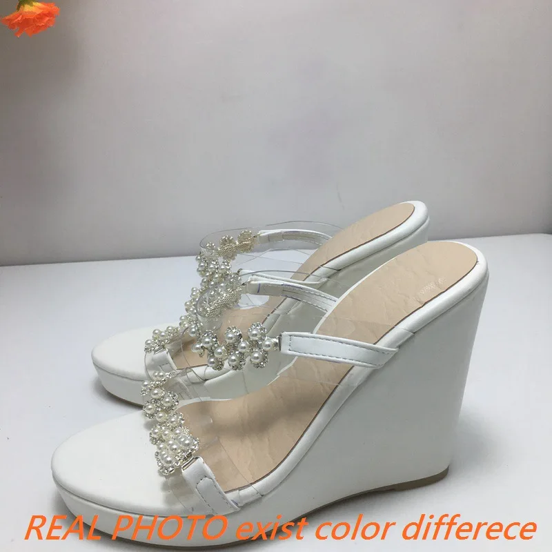 REAVE CAT Women Crystal Wedge Heel Sandals 11cm High Heel 2.5cm Platform Plus Size 48 49 50 Red Slip On view 6