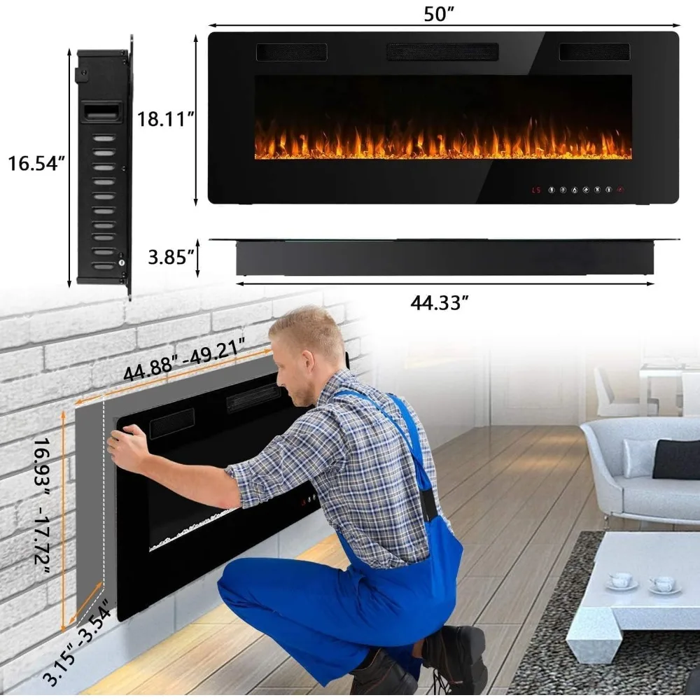 Elektrischer Kamin, 12 einstellbare Flammenfarbe, Touchscreen-Fernbedienung, 127 cm, ultradünner, geräuschloser, linearer, montierter Kamin