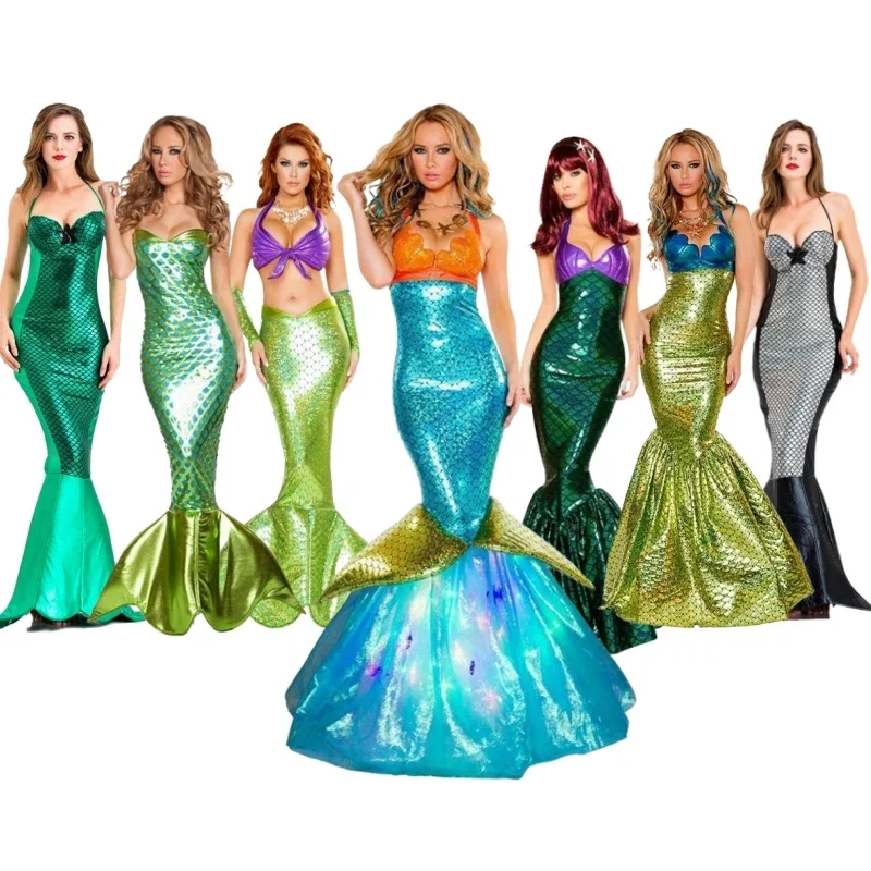 Mermaid Cosplay Sexy Princess Adult Women Costume Set Sequins Halloween Carnival Fancy Dress Party Bodycon Dress Fish Tail Skirt