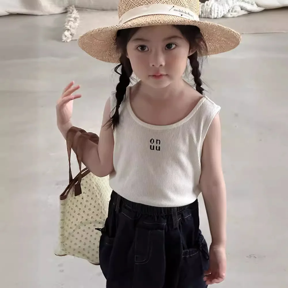 Baby Girl Top Children Embroidered Letter Vest 2024 New Summer New Girls Waffle Sleeveless Comfort Soft Simple Top T-shirt