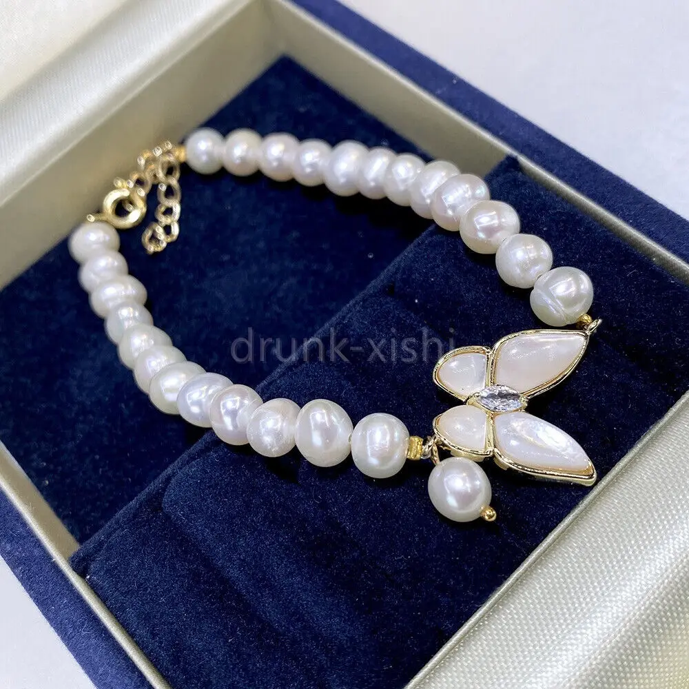 

Butterfly natural real white pearl Bracelet near round Beads shells butterfly oval for women free shipping