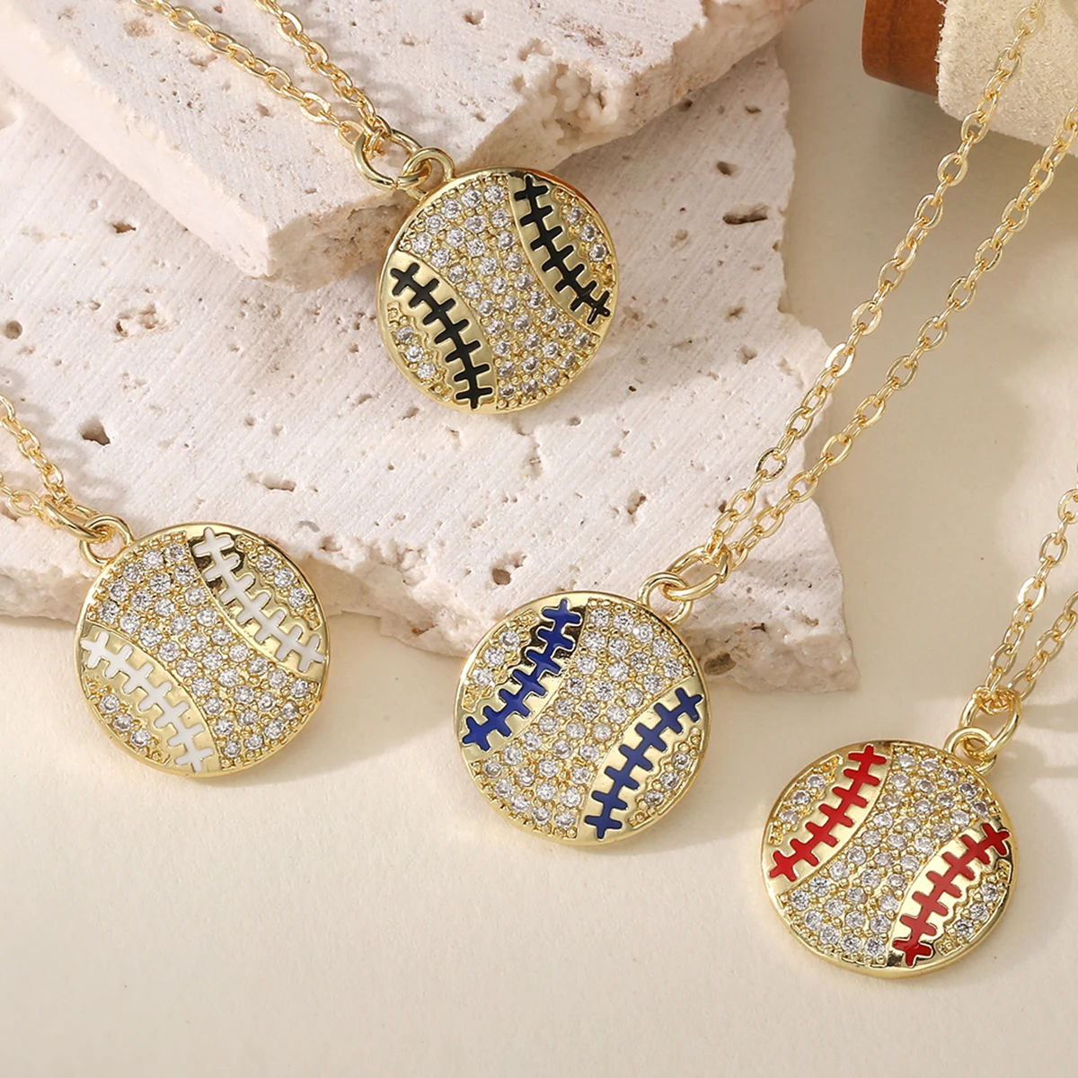 NEWBUY Gold Pave CZ Baseball Pendant Necklace 4 Styles Enamel Stitch Sport Theme Dainty Layering Jewelry