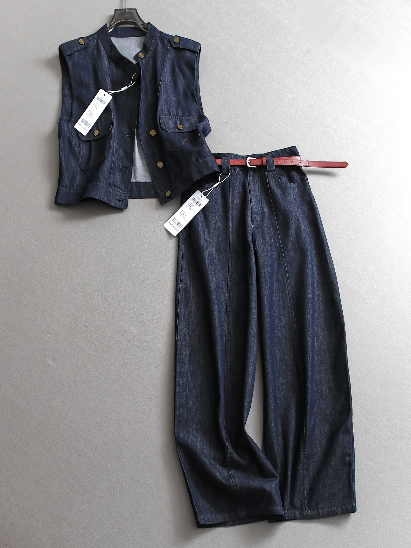 

Loose Fit Color Stand Collar Denim Vest And Wide Leg Jeans Women's Set Breathable High Waist Short Length Button up