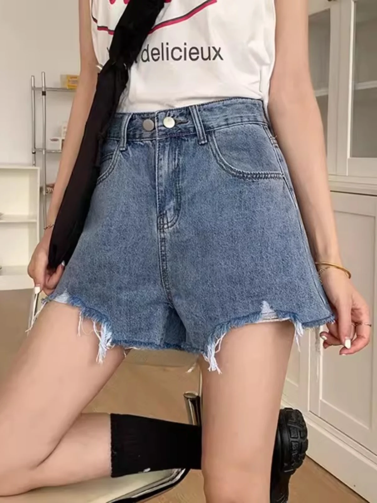 

High Waist A-Line Short Jeans Shorts Women's Summer Thin Large Size Loose Slimming Denim Shorts with Hole Wide Leg Pants