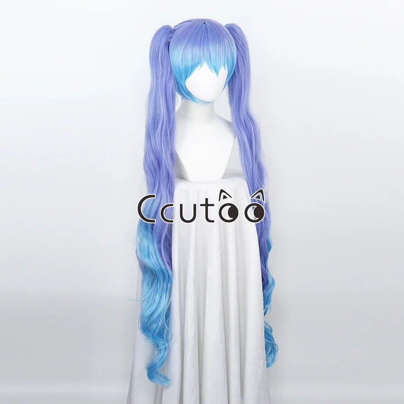 120cm Miku niebieskawo-fioletowy niebieski fioletowy mieszany długi kręcone włosy syntetyczne Cosplay peruki zdejmowane kucyki