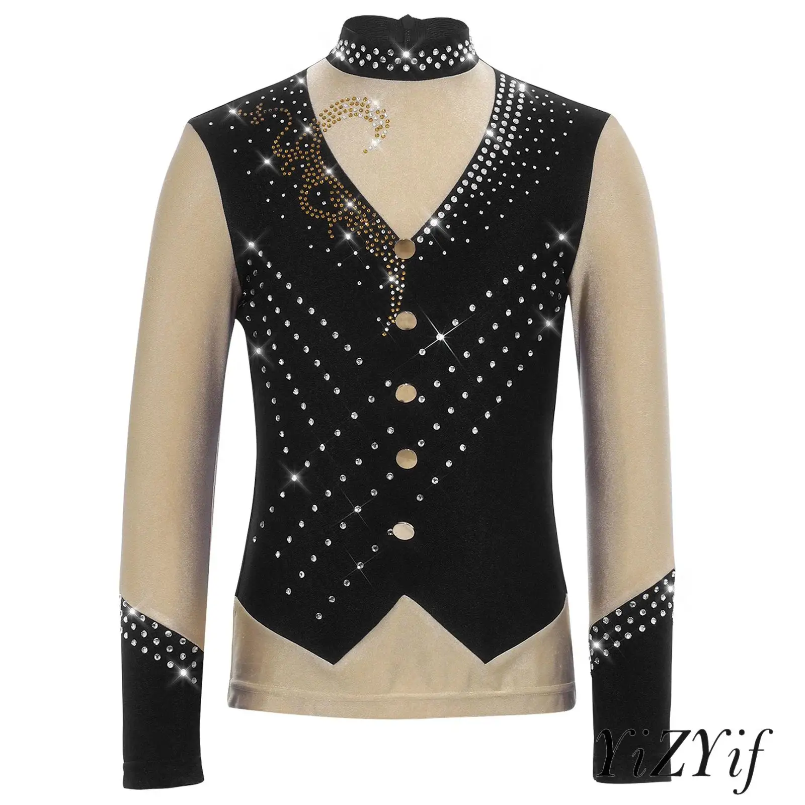 

Kids Boys Ice Figure Skating Costumes Top Sparkly Rhinestones Mock Neck Long Sleeve Top for Ballroom Stage Dance Performance