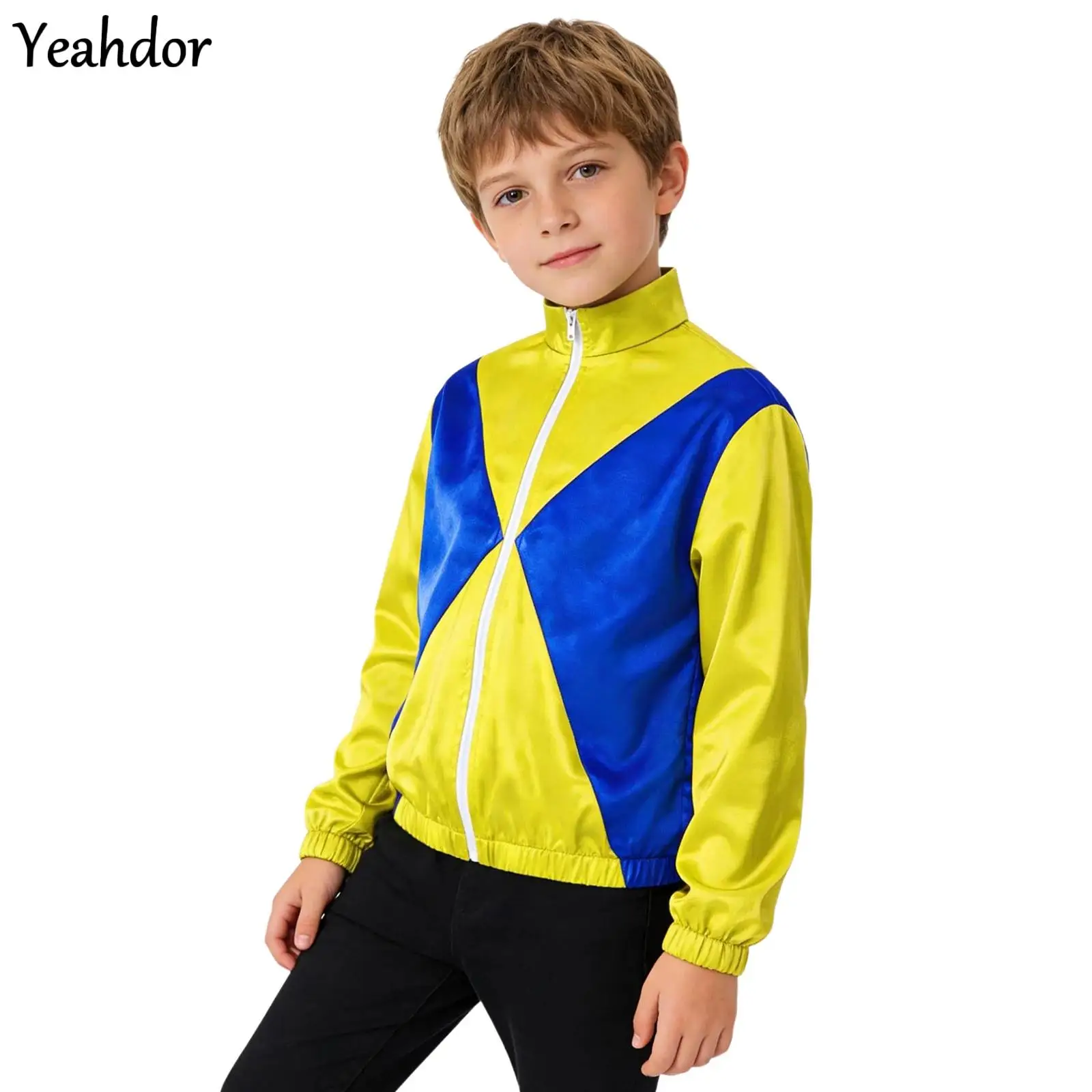 

Boys Halloween Jockeys Horse Rider Cosplay Jacket Color Block Long Sleeve Zipper Circus Coat Outwear Equestrian Training Costume