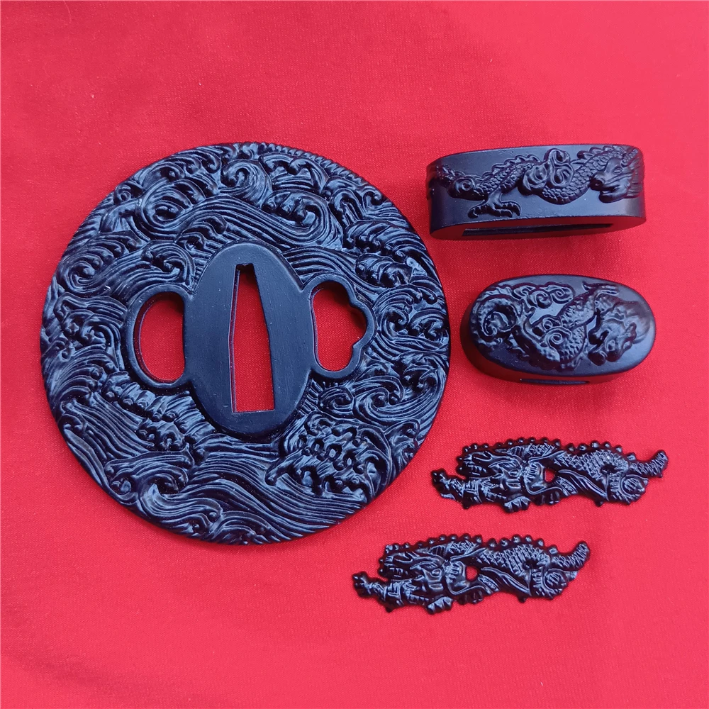 Black Japanese Wave Theme Tsuba Dragon Fuchi Menuki Kashira Fittings For Sword Katana Parts