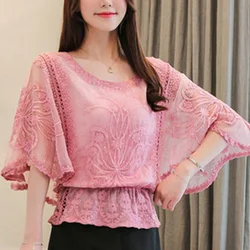 Stylish Loose Shirring Hollow Out Lace Blouse Female Clothing 2023 Summer New Casual Pullovers Office Lady Batwing Sleeve Shirt