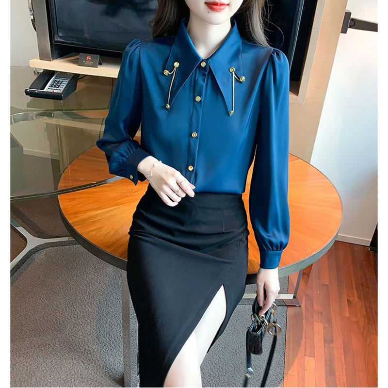 

Spring Summer New Fashion Pointy-Necked Shirts And Women's Chiffon Shirts Fashionable Versatile With Chain Splicing Tops Coats