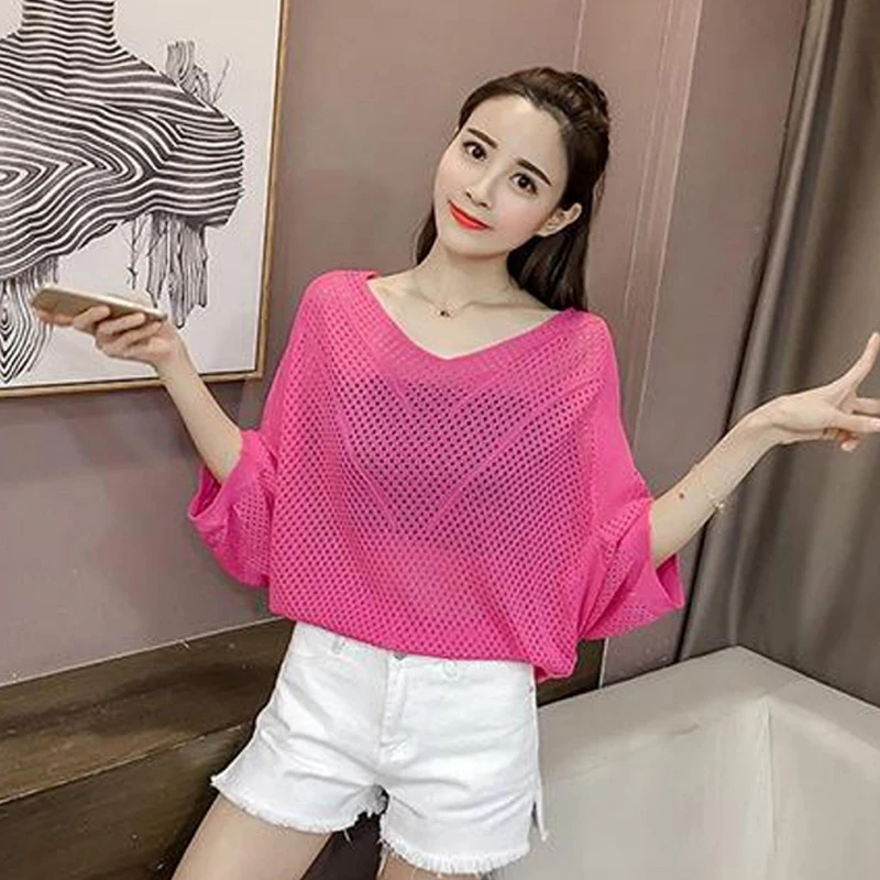 Summer Korean Solid Color V-neck Bat Sleeves Loose Casual Hollow Knitted Blouse For Women