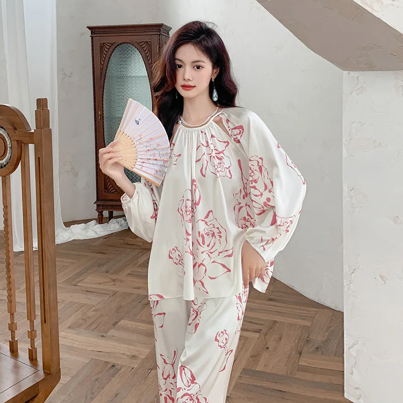 High Quality Ink Painting Ice Silk Print Pajamas For Women Cool Satin Noble Wind Long Sleeve Pants Design Sense Pyjamas Sets Pj