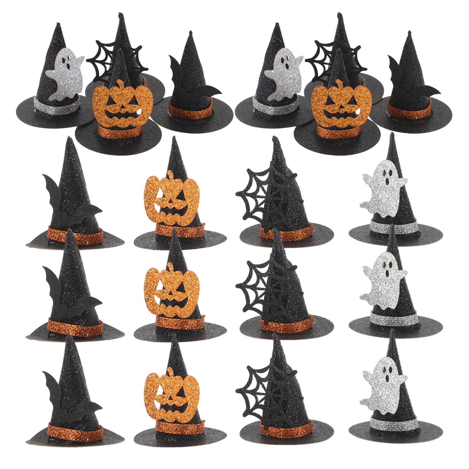 

24Pcs Glitter Witch Hat Cupcake Toppers Halloween Party Supplies Mini Wizard Hats Pumpkin Spider Web Ghost Bat Theme