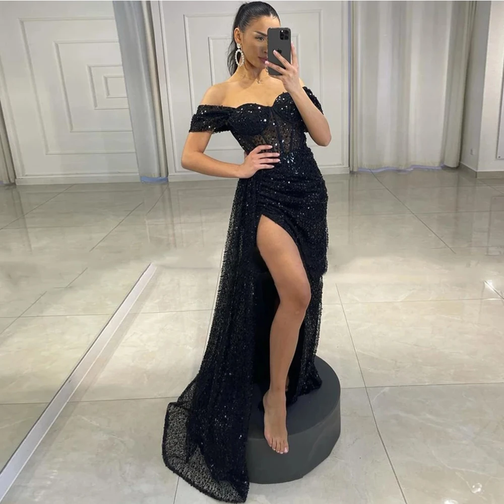 

Angelsbridep Sexy Prom Dresses 2023 Off Shoulder Sequins Mermaid Evening Dresses High Split Saudi Arabia Cocktail Party Gowns