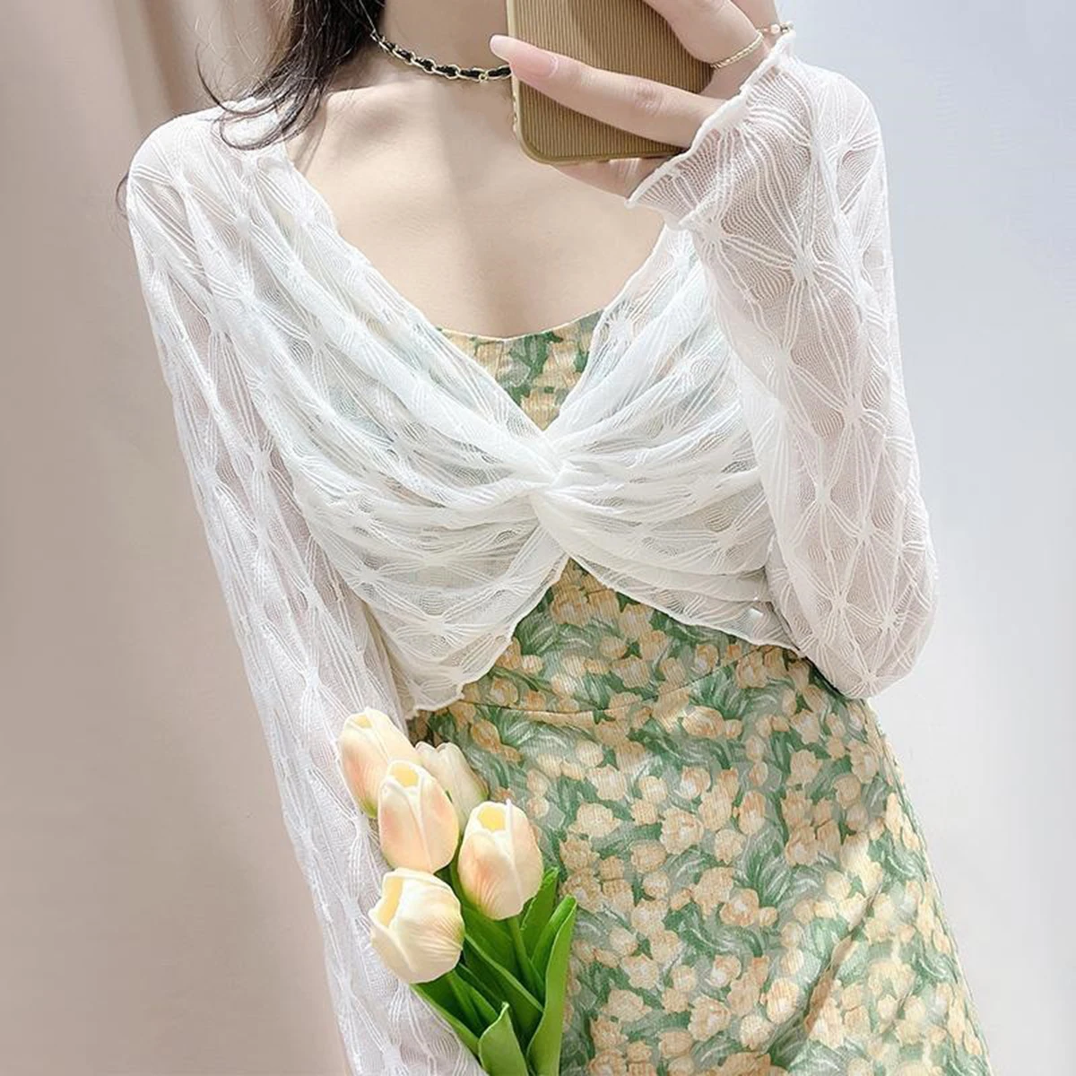 Damen Blumen-Spitzen-Shrug mit Offener Front, Langarm-Cardigan, Elegante Formelle Jacke für Kleider – Detail 1