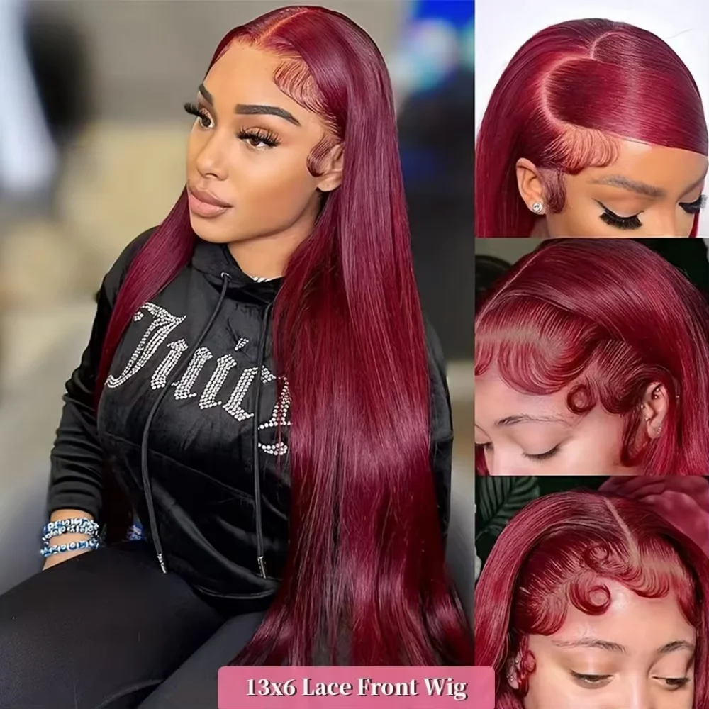Parrucca anteriore in pizzo bordeaux 99j per capelli umani 34 36 pollici 13x6 parrucche frontali in pizzo dritto HD parrucca rossa colorata in pizzo trasparente per le donne