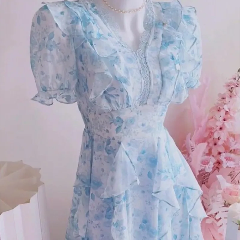 Tea Break Skirt Seaside Holiday Exquisite Ruffled Blue Floral Dress