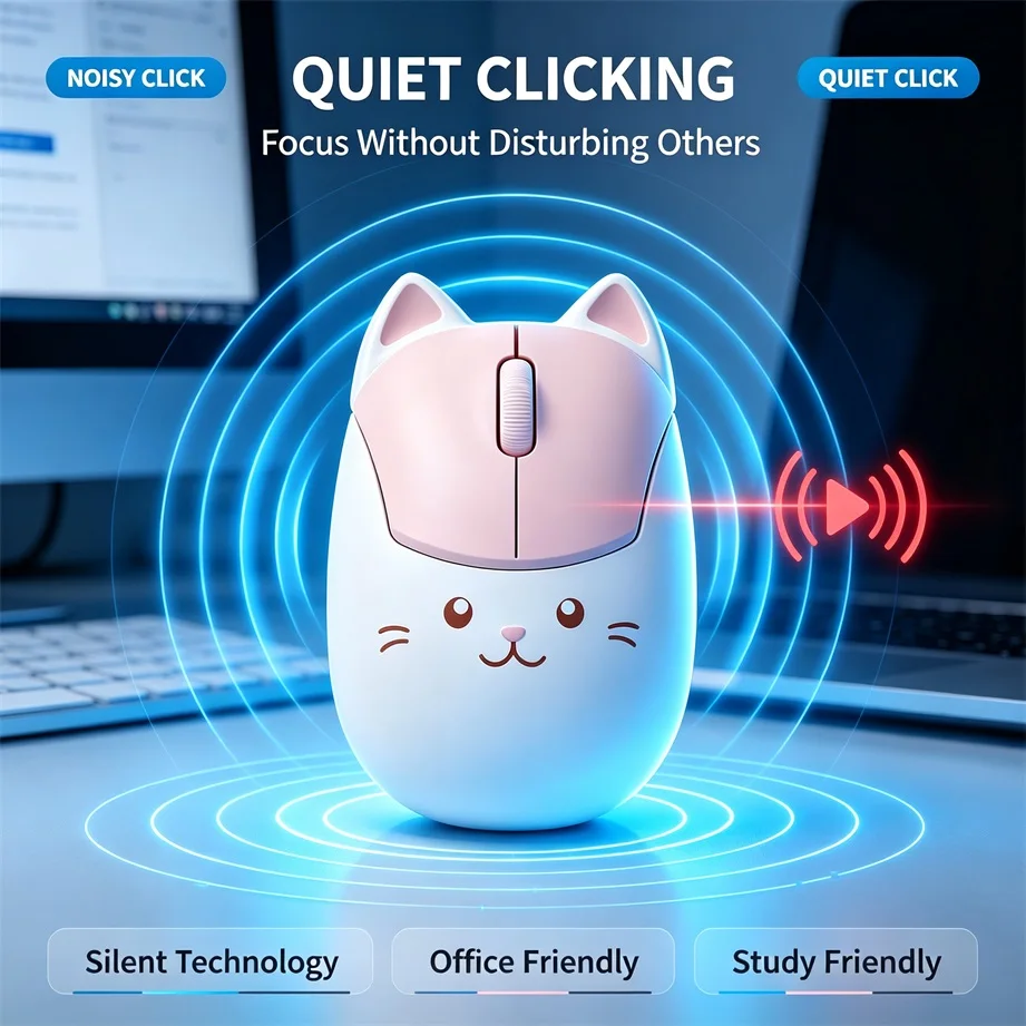 Cute Cat Wireless Mouse 2.4G Bluetooth Dual Mode Silent Click Ergonomic Wireless Optical Office Mice for Laptop PC Tablet Phone
