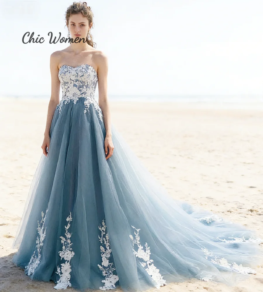 Elegant Boho Dusty Blue Beach Wedding Dress With White Lace Civil A Line Tulle Gothic Bride Dress 2026 Destination Bohemian Boda
