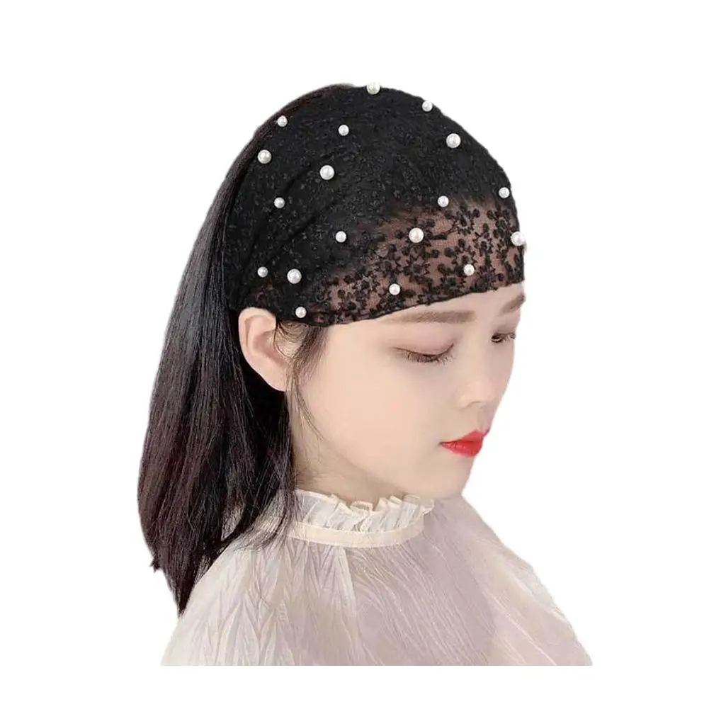 Fascia a tesa larga da donna di moda con decorazione di perle fascia per capelli con turbante accessori per capelli pizzo da allenamento traspirante