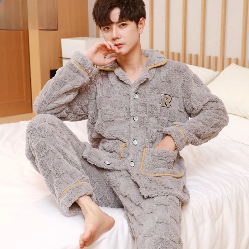 2023 New Pineapple Velvet Pajamas Men Autumn Winter Loungewear Thickened Plush Coral Velvet Sleepwear Warm Long Sleeved Homewear