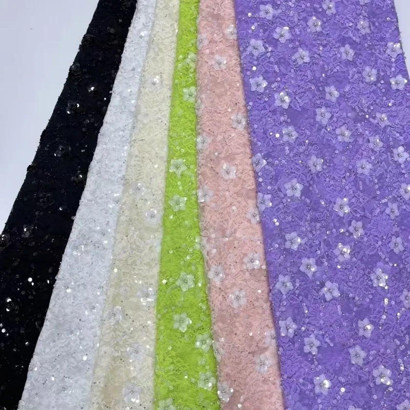 Lace Base Fabric 3D Sequin Beaded Embroidery Trim Soft Comfortable Cloth for Wedding Evening Dress DIY Sewing Material By Yard