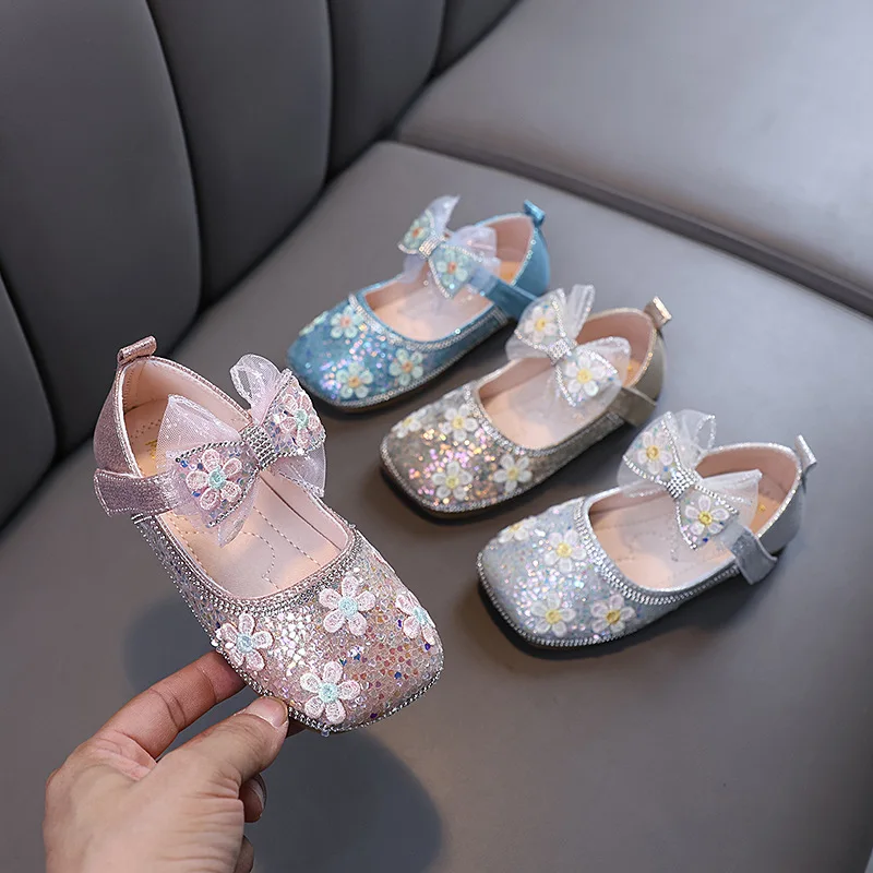 

New Girls Autumn Korean Single Shoes Children Princess Sequins Bow Square Scalp Shoes Kids Sequins Pearl Performance Dance Shoes