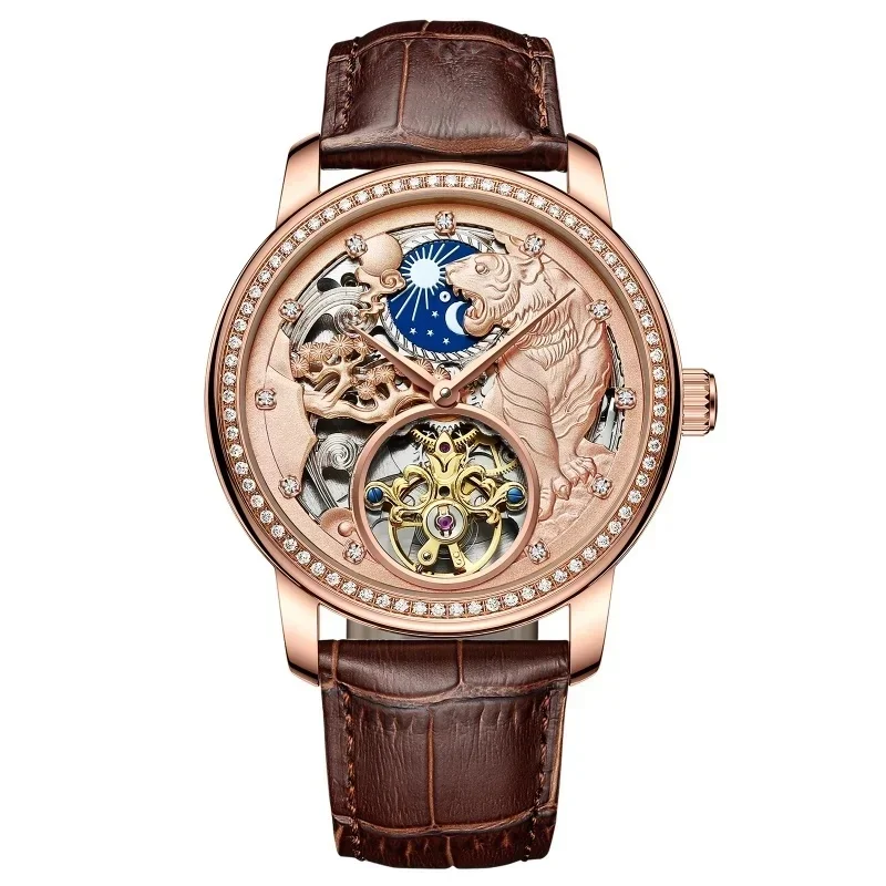 AILANG AL-8313 Men's Luxury Automatic Mechanical Watch 3D Embossed Tiger Skeleton Dial Moon Phase Date Display Wristwatch