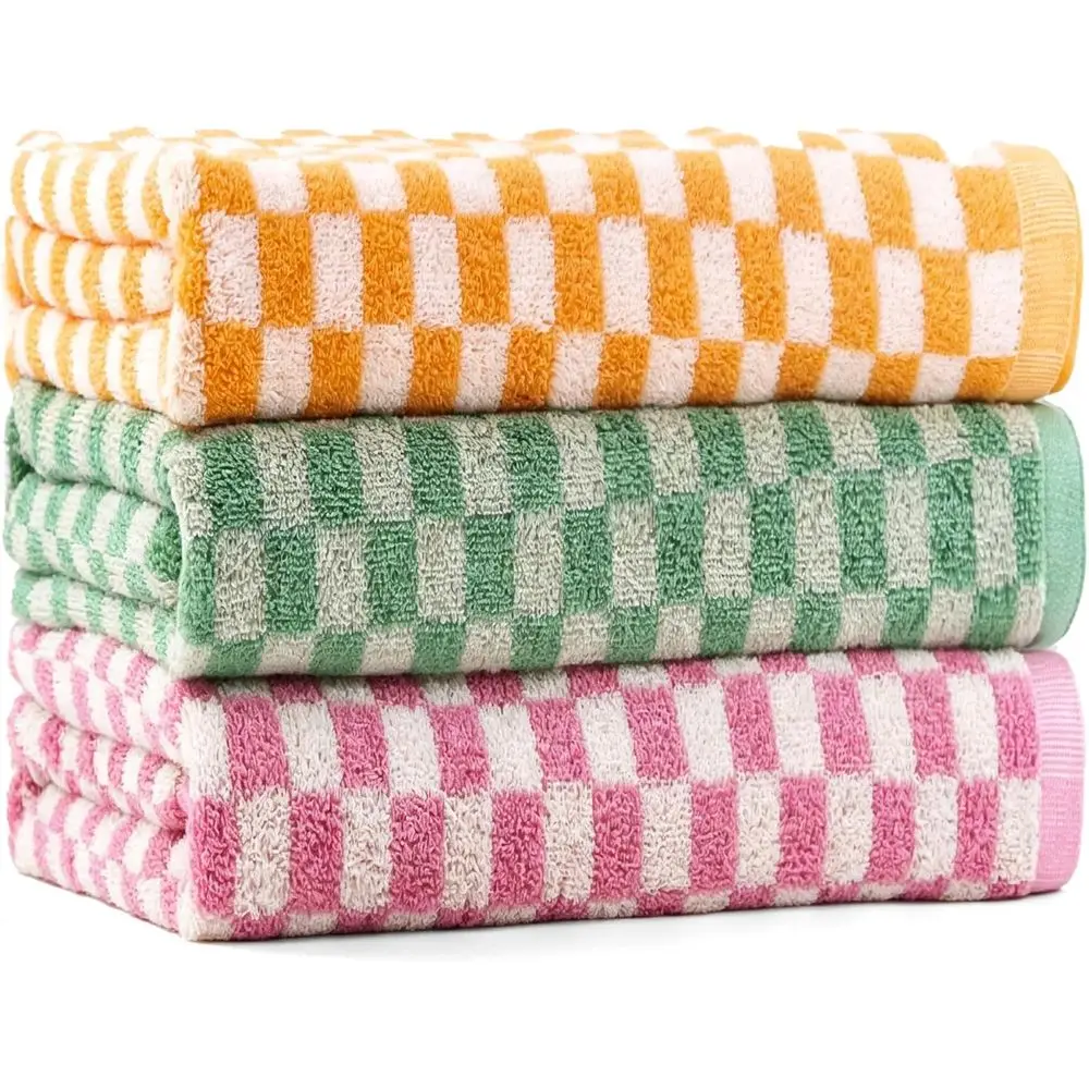 

3-Piece Checkered Cotton Bath Towel Set, Large 600GSM, 55x28 inches, Luxe Absorbent Quick-Dry, Assorted Colors