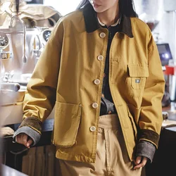 Maden Veste d'automne pour femme avec col en velours côtelé en jaune gingembre et crème veste de travail oversize vintage veste de chasse pour femme