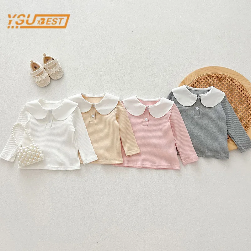 

Однотонная футболка с длинным рукавом и кукольным воротником для девочек 0-3 лет