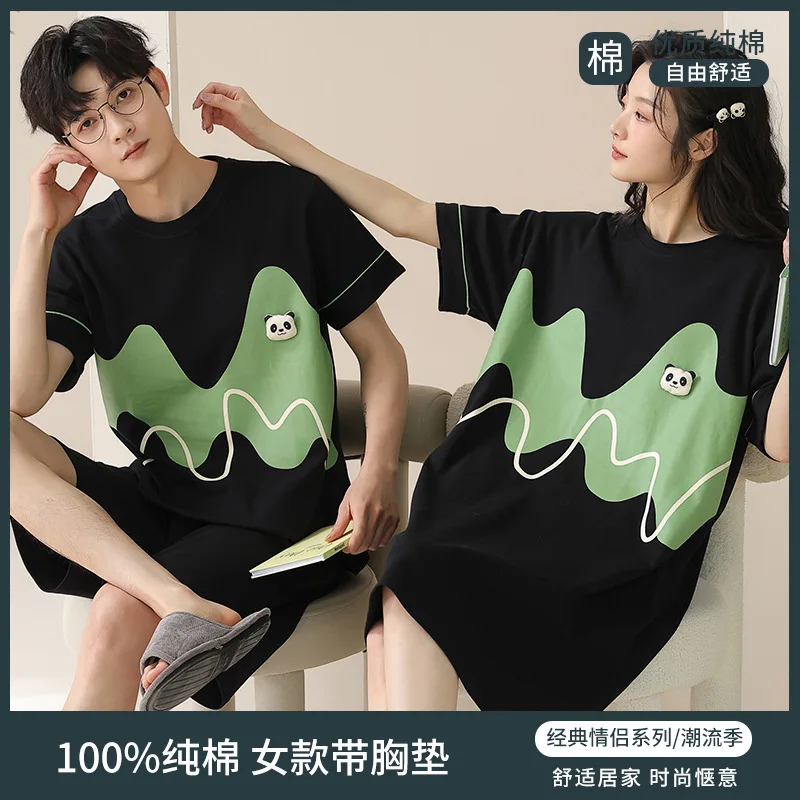 100% Cotton Summer Pajamas Set for Couples Short Sleeves Mens Shorts Nightwear Women Cartoon Panda Cute Nightdress pyjama homme