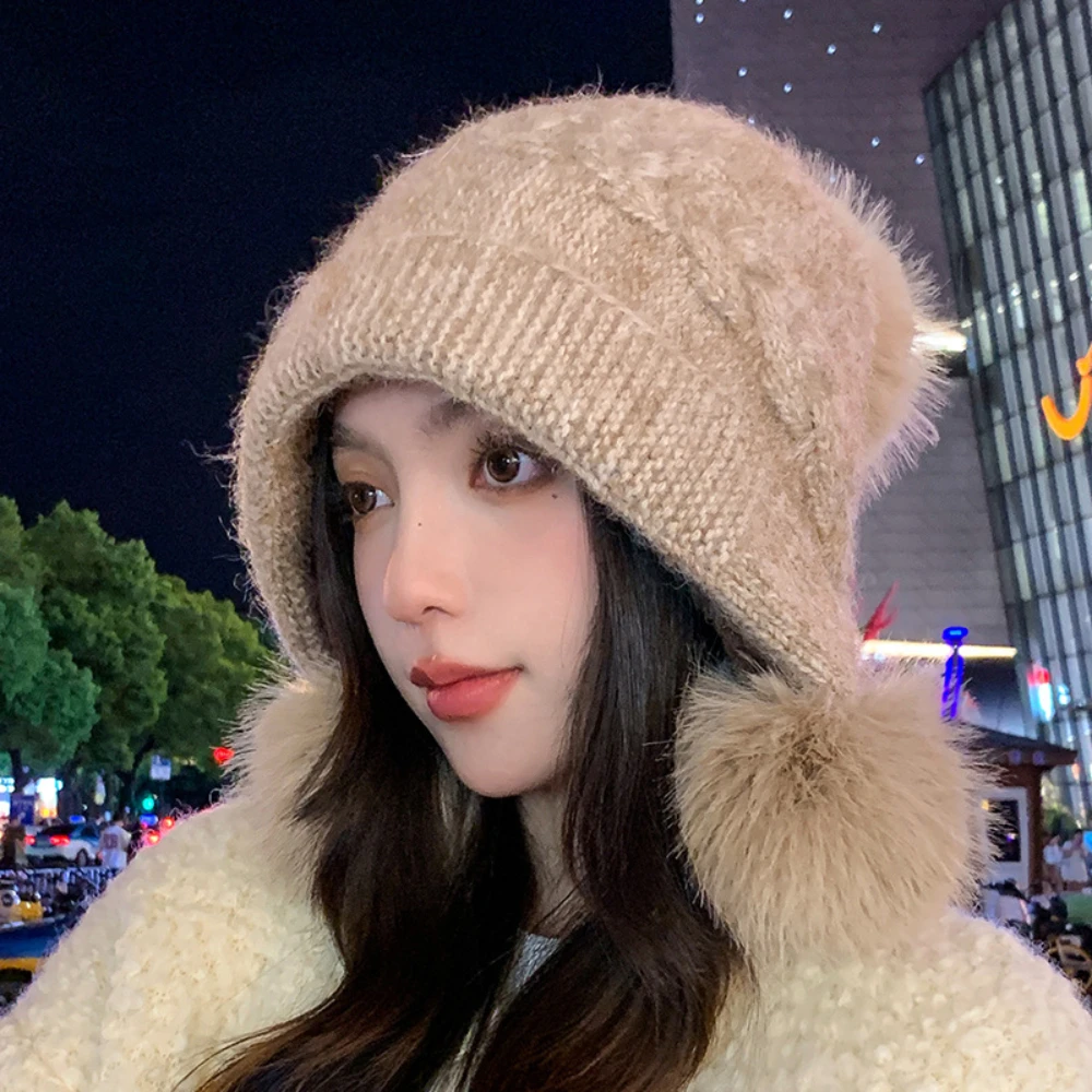 

Cute Girl Knit Ear Protection Hat Bear Women Earmuffs Cap Woolen Crochet Bonnet Solid Color Hood Beanies Winter Warm Headgear 모자