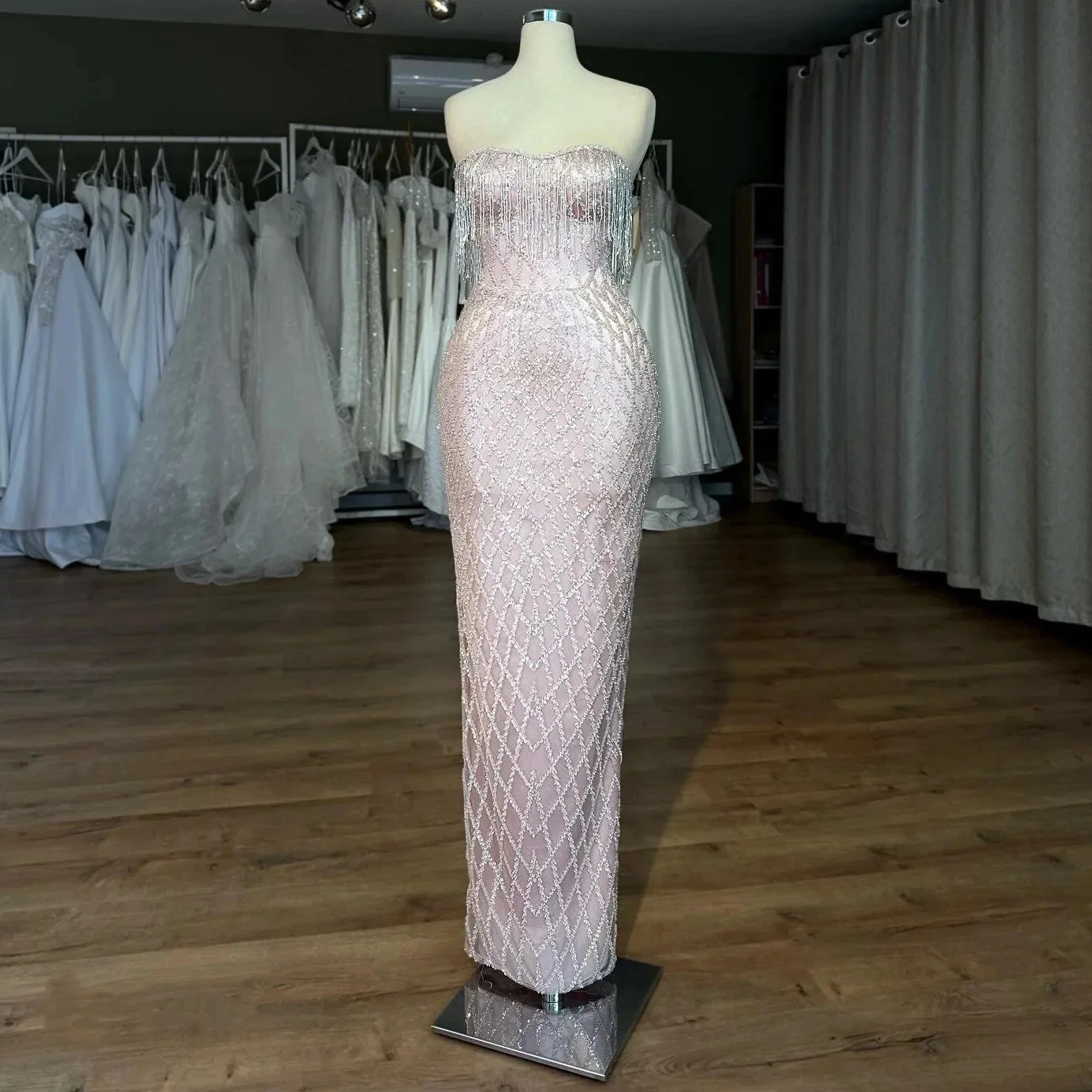 Pink Crystal Tassel Strapless Evening Gown Sequins  Mermaid Dress Elegant Party Club Vestido Haute Couture Evening Dress