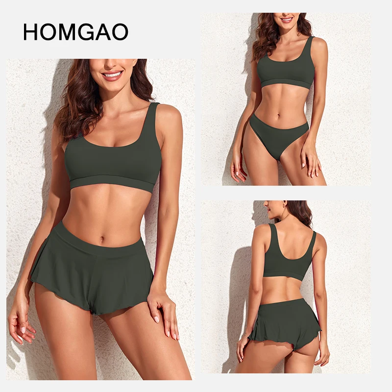 HOMGAO Solid Sport Bikini Set 3 Piece For Women Sexy Low Waist Swimwear Two Bottoms Swimsuit 2023 Brazilian Beach Bathing Suits