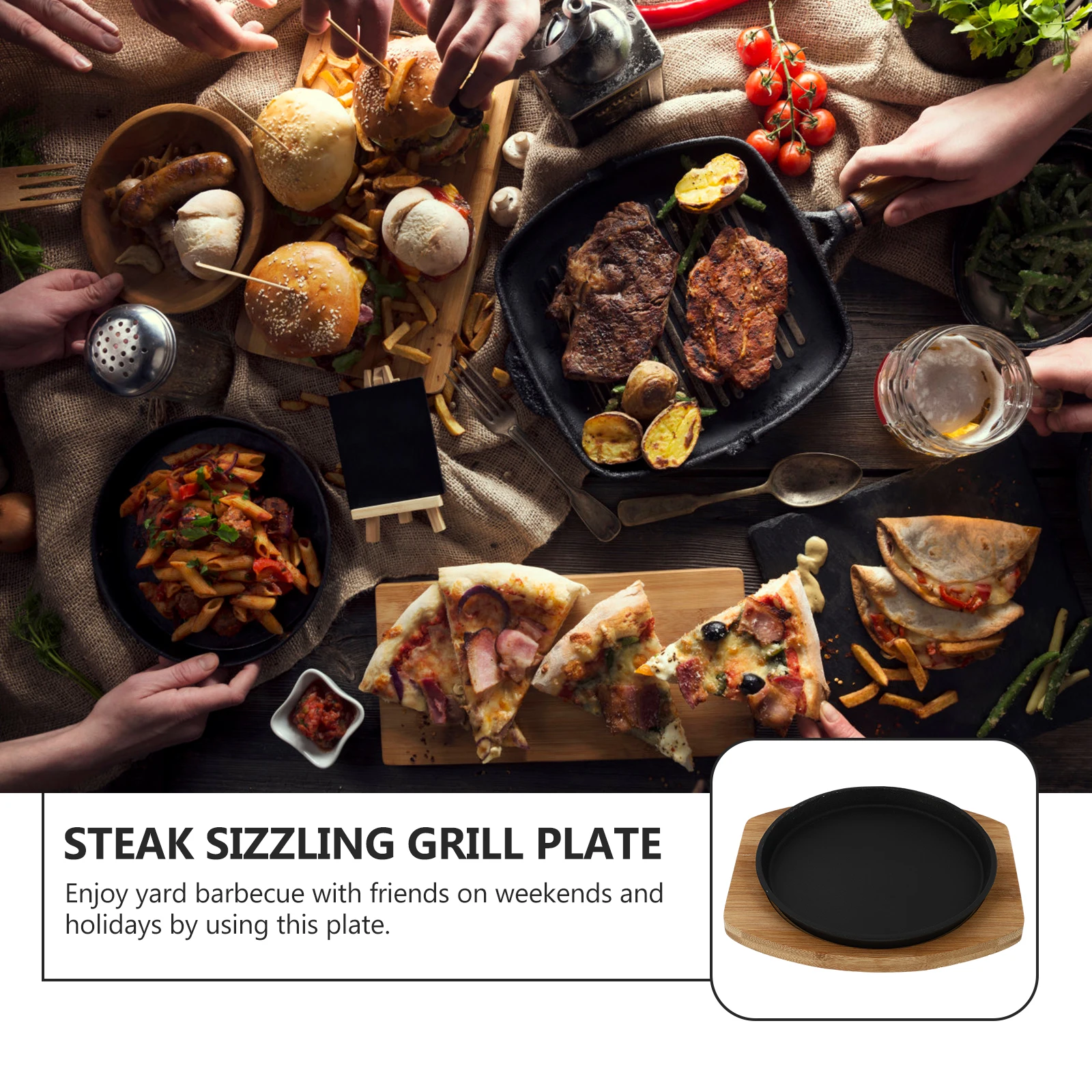 

Steak Teppanyaki Iron Plate BBQ Grilling Platter Cast Round Cooking Surface Indoor Outdoor Kitchen Barbecue