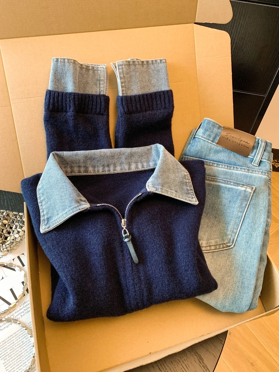 Sweter damski na jesień i zimę, dzianinowy, z denimowym kołnierzem, łączony, kardigan, nowy, elegancki, do pracy, dopasowany...