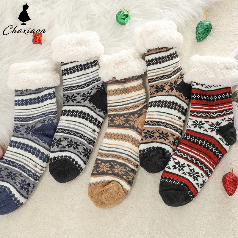 Indoor Floor Socks Imitating Wool Blanket Socks Fluffy Non Slip Socks Mens Plaid Winter Warm Short Cotton Blended Thickened